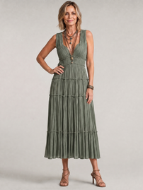 Somala | Pleated Sleeveless Tiered V Neck Midi Dress