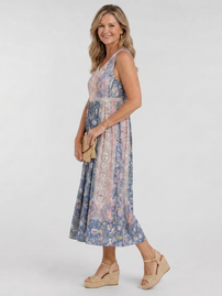 Lemez | Mixed Floral Sleeveless Button Detail Midi Dress